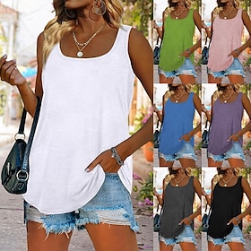 Women's Tank Basic Solid / Plain Color Sleeveless Square Summer Regular Black White Pink Blue Purple9479377