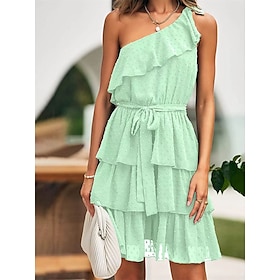 Women's Wedding Guest Dress Party Dress Sundress Mini Dress Light Green Royal Blue Blue Polka Dot Sleeveless Summer Spring Ruched Fashion One Shoulder Birthday9490428