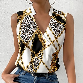 Women's Tank Top White Brown Print Leopard Chains Print Casual Sleeveless V Neck Basic Regular S9566341