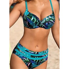 Women's Swimwear Bikini 2 Piece Normal Swimsuit Leaf Backless Push Up Printing High Waisted Blue V Wire Bathing Suits Vacation Sexy New9325194