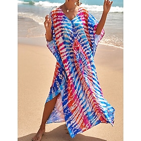 Women's Swimwear Cover Up Beach Dress Normal Swimsuit Color Block Abstract Printing Red Blue Orange Green Rainbow V Wire Bathing Suits Vacation Fashion New9402646