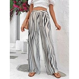 Women's Wide Leg Chiffon Black 1# Black 2# White Casual Daily High Waist Wide Leg Print Casual Daily Wear Full Length Micro-elastic Lines / Waves Comfortable S9562397