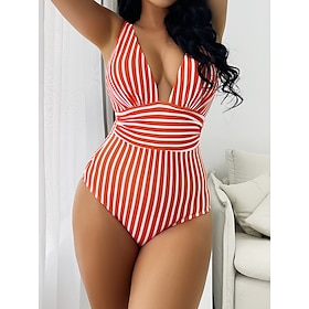 Women's Swimwear One Piece Bikini Normal Swimsuit Striped Push Up High Waisted Black Red Blue Green Khaki Scoop Neck Padded Bathing Suits Sexy Casual New9581108