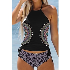 Women's Swimwear 2 Piece Plus Size Swimsuit Leopard Geometic Ruched 2 Piece Modest Swimwear string Print Black Halter Bathing Suits Vacation Vintage New9111986