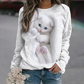 Women's Sweatshirt Pullover Basic White Cat Street Long Sleeve Round Neck9415368