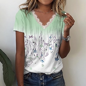 Women's T shirt Tee Pink Blue Green Lace Trims Print Floral Holiday Weekend Short Sleeve V Neck Basic Regular Floral Painting S9527853