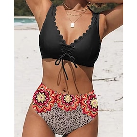 Women's Swimwear Bikini 2 Piece Plus Size Swimsuit Leopard Floral Lace up 2 Piece Open Back Sexy Printing Black V Wire Bathing Suits Vacation Stylish New9159447