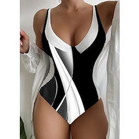 Women's Swimwear One Piece Normal Swimsuit Geometic Printing Black Bodysuit Bathing Suits Beach Wear Summer Sports9494988