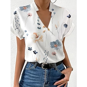 Women's Shirt Blouse White Pink Purple Print Floral Casual Holiday Short Sleeve V Neck Basic Regular Floral S9561522