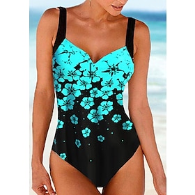 Women's Swimwear One Piece Monokini Bathing Suits Normal Swimsuit Floral Print High Waisted Green Blue Fuchsia Navy Blue V Wire Padded Bathing Suits Vacation S9075156