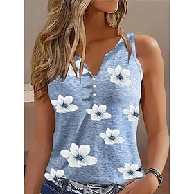 Women's Tank Top Red Blue Green Button Print Floral Casual Holiday Short Sleeve V Neck Basic Regular Floral S9511689