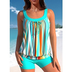 Women's Swimwear Tankini 2 Piece Plus Size Swimsuit Striped 2 Piece Cut Out Stripe Blue Green Tank Top Bathing Suits Summer Sports9432449