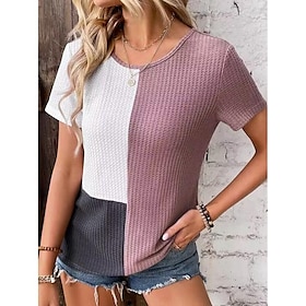 Women's T shirt Tee Blouse Pink Print Color Block Casual Short Sleeve Round Neck Basic Regular S9577075