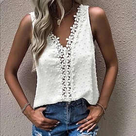 Women's Tank Top White Lace Plain Casual Sleeveless V Neck Basic Regular S9567745