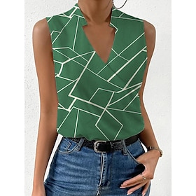 Women's Tank Top Green Light Blue Print Geometric Casual Sleeveless V Neck Basic Regular Geometric S9604031