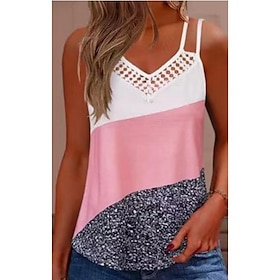 Women's Tank Top Camisole Pink Cut Out Print Color Block Casual Sleeveless V Neck Basic Regular S9607159