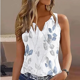 Women's Tank Top White Pink Blue Print Leaf Casual Holiday Sleeveless V Neck Basic Regular Floral S9555761