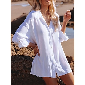 Women's Shirt Dress Casual Dress Shift Dress Mini Dress Black White Pure Color Long Sleeve Summer Spring Button Fashion Shirt Collar 2023 One-Size9425561