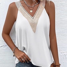 Women's Tank Top Black White Yellow Lace Trims Plain Casual Sleeveless V Neck Basic Regular S9597077