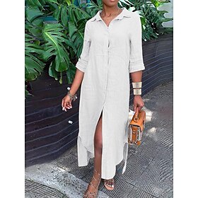 Women's Shirt Dress Cotton Linen Dress Casual Dress Cotton And Linen Maxi long Dress Outdoor Daily Vacation Classic Casual Button Split Shirt Collar Summer Spr9509047