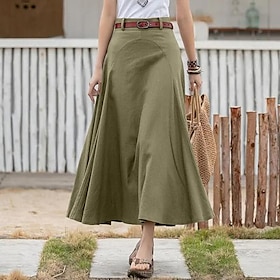 Women's Skirt Long Skirt Linen Maxi Black khaki Army Green Skirts Casual Daily Fashion S M L9547141