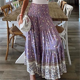 Women's Swing Work Skirts Polyester Maxi Green Blue Purple Red Skirts Print Fall Winter Office / Career Vacation Boho S M L8872340