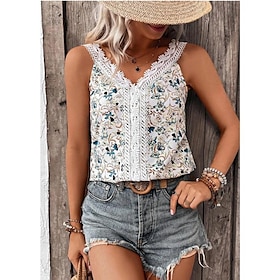 Women's Tank Top White Lace Trims Print Floral Casual Holiday Sleeveless V Neck Basic Regular Floral S9570347