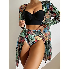 Women's Swimwear Bikini Normal Swimsuit Floral 3-Piece Printing Black White Royal Blue Blue Orange Bathing Suits Beach Wear Summer Sports9519580