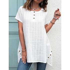 Women's Shirt Blouse White Button Plain Casual Short Sleeve Round Neck Basic Long S9558549