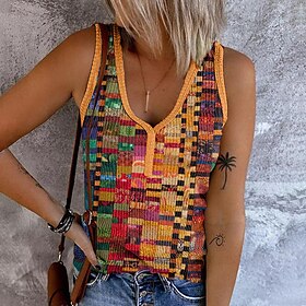 Women's Tank Top Blue Purple Orange Print Graphic Casual Sleeveless V Neck Basic Regular S9579684