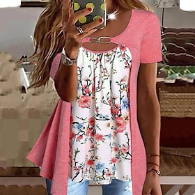 Women's T shirt Tee Pink Green Print Floral Holiday Weekend Short Sleeve U Neck Basic Regular Floral Painting S9559049