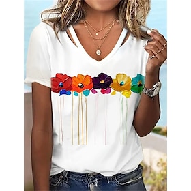 Women's T shirt Tee Black White Blue Cut Out Print Floral Holiday Weekend Short Sleeve V Neck Basic Regular Floral Painting S9585399