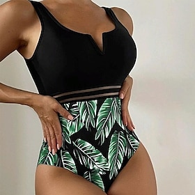 Women's Swimwear One Piece Normal Swimsuit Leaf Printing Black Bodysuit Bathing Suits Beach Wear Summer Sports9470081