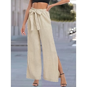 Women's Wide Leg Pants Trousers Cotton And Linen Black Blue Green Fashion Streetwear Elegant High Waist Pocket Vacation Casual Daily Weekend Full Length Micro-9602926