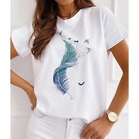 Women's T shirt Tee White Print Bird Feather Casual Weekend Short Sleeve Round Neck Basic Cotton Regular Painting S9067870