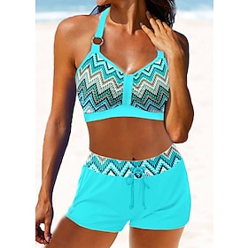 Women's Swimwear Bikini Normal Swimsuit Lines / Waves 2 Piece Printing Sky Blue Bathing Suits Beach Wear Push Up Sports9479240