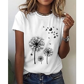 Women's T shirt Tee Black White Print Butterfly Dandelion Daily Weekend Short Sleeve Round Neck Basic Regular S8557678