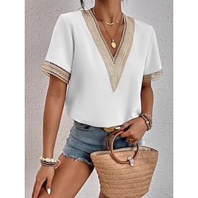 Women's T shirt Tee White Eyelet Tops Light Yellow Light Blue Black Lace Trims Plain Daily Weekend Short Sleeve V Neck Basic Regular S9483961