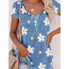 Women's T shirt Tee Blouse Blue Button Print Floral Casual Holiday Short Sleeve U Neck Basic Cotton Regular Floral S9580792