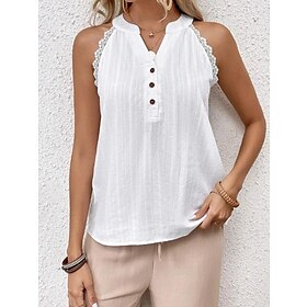 Women's Tank Top White Button Lace Trims Plain Casual Sleeveless V Neck Basic Cotton Regular S9574328