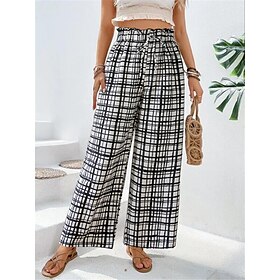 Women's Wide Leg Black 1# Black 2# Black 3# Casual Daily High Waist Wide Leg Print Casual Daily Wear Ankle-Length Micro-elastic Plaid Comfortable S M L9562392