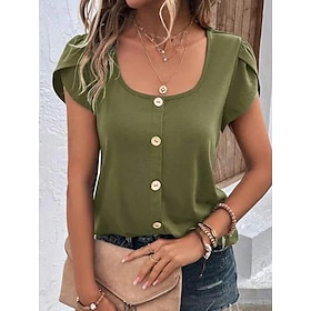 Women's T shirt Tee ArmyGreen Button Plain Daily Weekend Short Sleeve U Neck Basic Regular S9560933