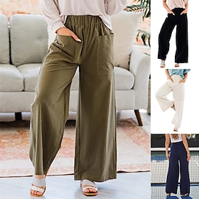 Women's Wide Leg Pants Trousers Baggy Faux Linen Black Navy Blue Green Fashion Side Pockets Wide Leg Casual Daily Full Length Solid Color Comfort S M L XL XXL9483257