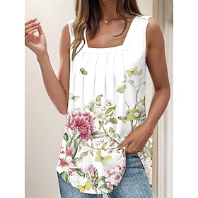 Women's Tank Top White Blue Green Print Floral Casual Holiday Sleeveless Square Neck Basic Regular Floral S9595843