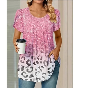 Women's T shirt Tee Pink Print Leopard Daily Weekend Short Sleeve Round Neck Basic Regular Painting S9542472