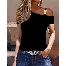 Women's T shirt Tee Black Blue Brown Print Galaxy Color Block Work Casual Short Sleeve Off Shoulder Cold Shoulder Casual Regular Geometric S9514235