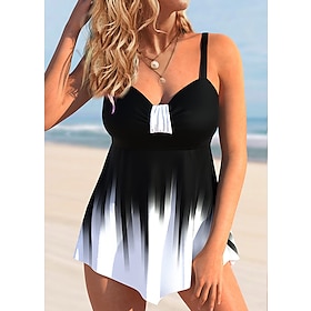 Women's Swimwear Plus Size Tankini 2 Piece Swimsuit Gradient Color 2 Piece Printing Black Orange Tank Top Bathing Suits Summer Sports9432386