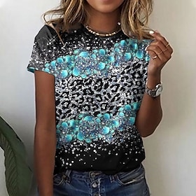 Women's T shirt Tee Pink Blue Purple Print Leopard Floral Casual Holiday Short Sleeve Round Neck Basic Regular Floral Butterfly Painting S9010035