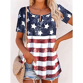 Women's T shirt Tee Navy Blue Blue Button Print American Flag Weekend Independence Day Short Sleeve Round Neck Basic Regular Painting S9482952