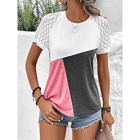 Women's T shirt Tee Blouse Wine Red Pink Khaki Lace Print Color Block Casual Short Sleeve Round Neck Basic Regular S9567246